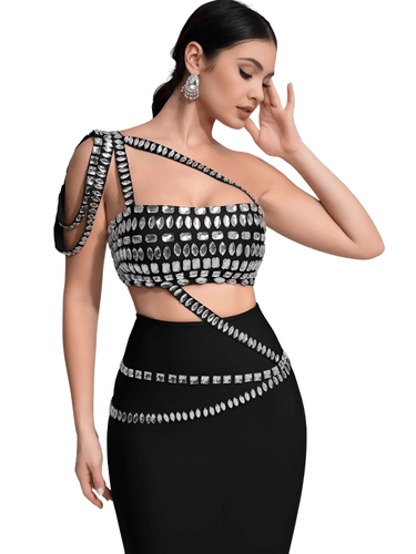 Women's 2-Piece Bodycon Sexy Long Asymmetrical Dress Big Crystal Fashion Nightclub Party Dress -, Dress , Drestiny , Australia, Black, Canada, L, M, Maxi Dresses, New Zealand, S, Silver, Sleeveless, United Kingdom, United States, White, XS , Drestiny , www.shopdrestiny.com